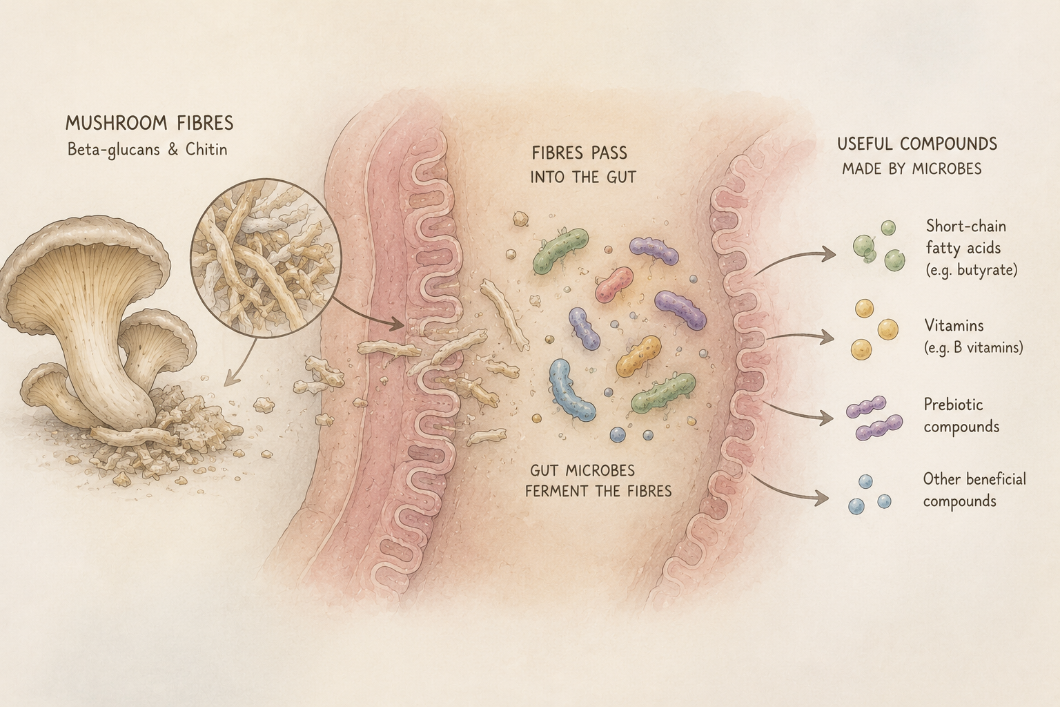 Illustration of mushroom fibre feeding gut microbes